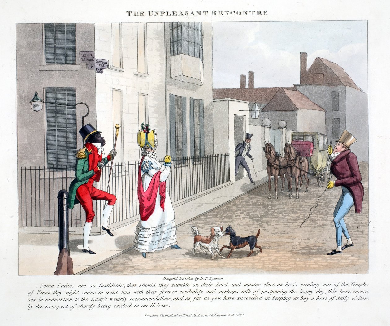 The Unpleasant Rencontre, illusztráció a "Fashionable Bores or Coolers in High Life" című könyvéből, Peter Quiz, pub. Thomas McLean, London 1824 (kézzel színezett metszet) alkotó: Daniel Thomas Egerton