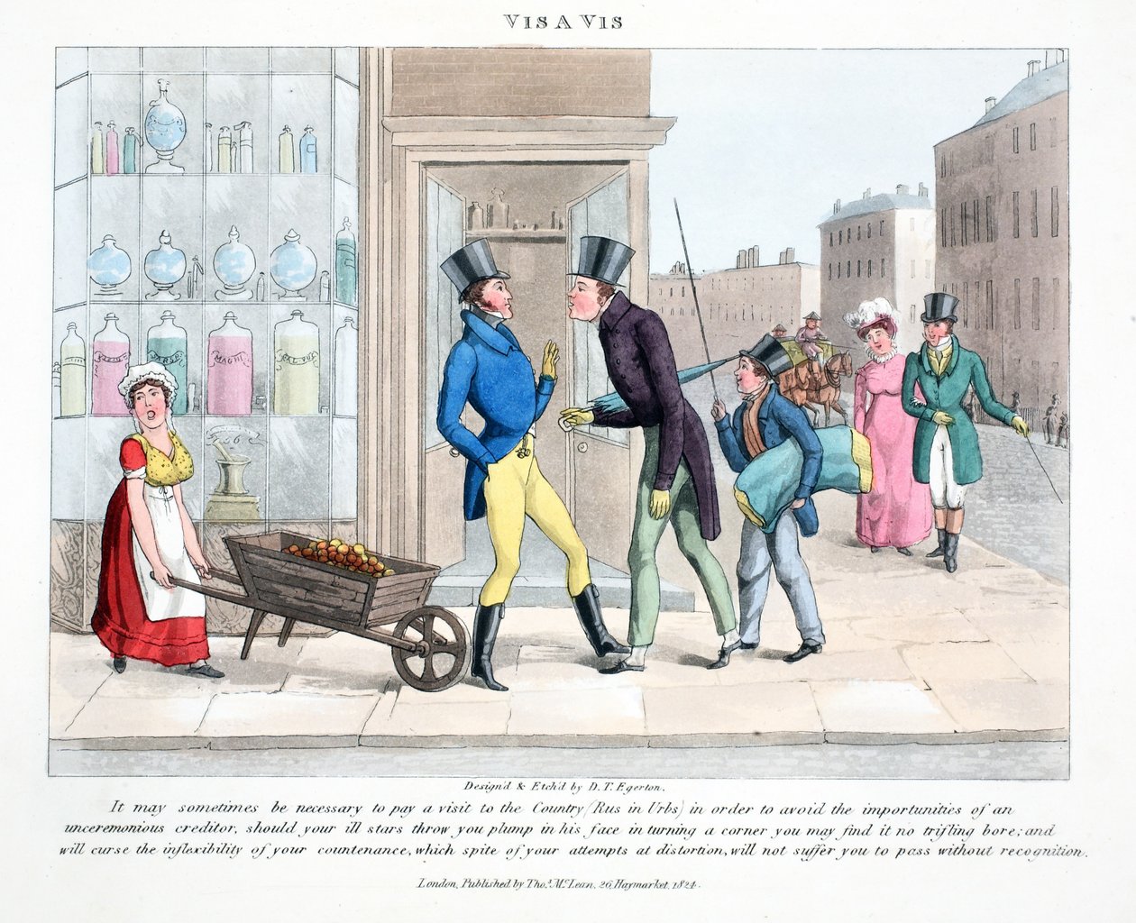 Vis A Vis, illusztráció Peter Quiz "Fashionable Bores or Coolers in High Life" című művéből, kiad. Thomas McLean, London 1824 (kézzel színezett metszet). alkotó: Daniel Thomas Egerton