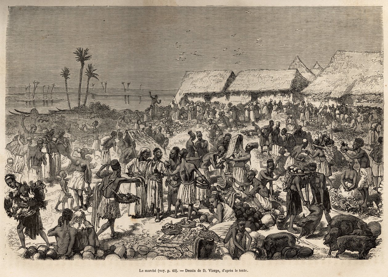 Egy nagyon animált, több mint háromezer embert tömörítő menet a Kongó folyó közelében, D.Vierge rajza nyomán, amely David Livingstone utolsó naplóját (1813-1873) illusztrálja, 1866-1873-ban, és megjelent a „Le tour du monde”-ban. 1875, szerkesztette Edouar alkotó: Daniel Urrabieta Vierge