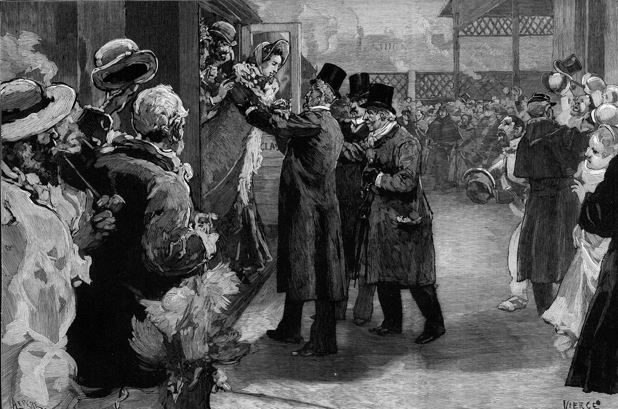 Louise Michel deportálása után visszatért Franciaországba (1830-1905), mert részt vett a párizsi kommünben. A Saint Lazare állomáson (Saint-Lazare) Henri Rochefort (1831-1913), Louis Blanc (181-1882) és George Clemenceau (1841-1929) fogadta. alkotó: Daniel Urrabieta Vierge