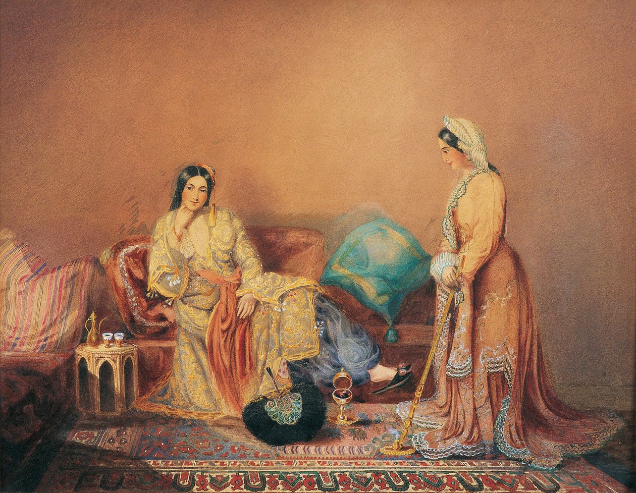 Dames Phanariotes (görög származású, gazdag kereskedők lakossága, Konstantinápoly Phanar kerületében él) (Phanariot Greek Ladies) - Daniel Valentine Riviere (1780-1854) festménye, vegyes technika fatáblán, 19. század közepe, 38x alkotó: Daniel Valentine Rivière