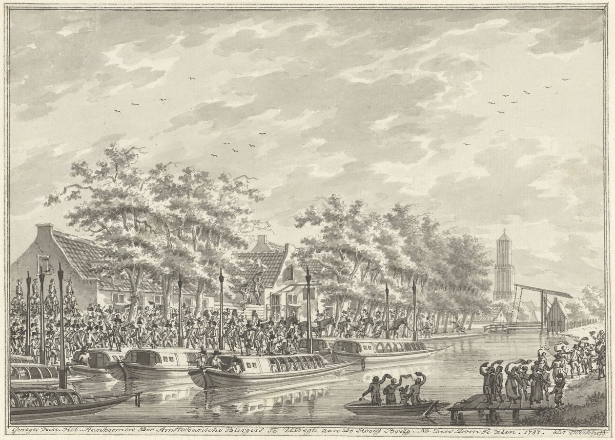 Az amszterdamiak érkezése Utrechtbe, 1787 Kilátás az amszterdami polgárok érkezésére Utregtbe De Rooy Brugba. Den Dom után látni. 1787. (cím a tárgyon) alkotó: Daniël Kerkhoff