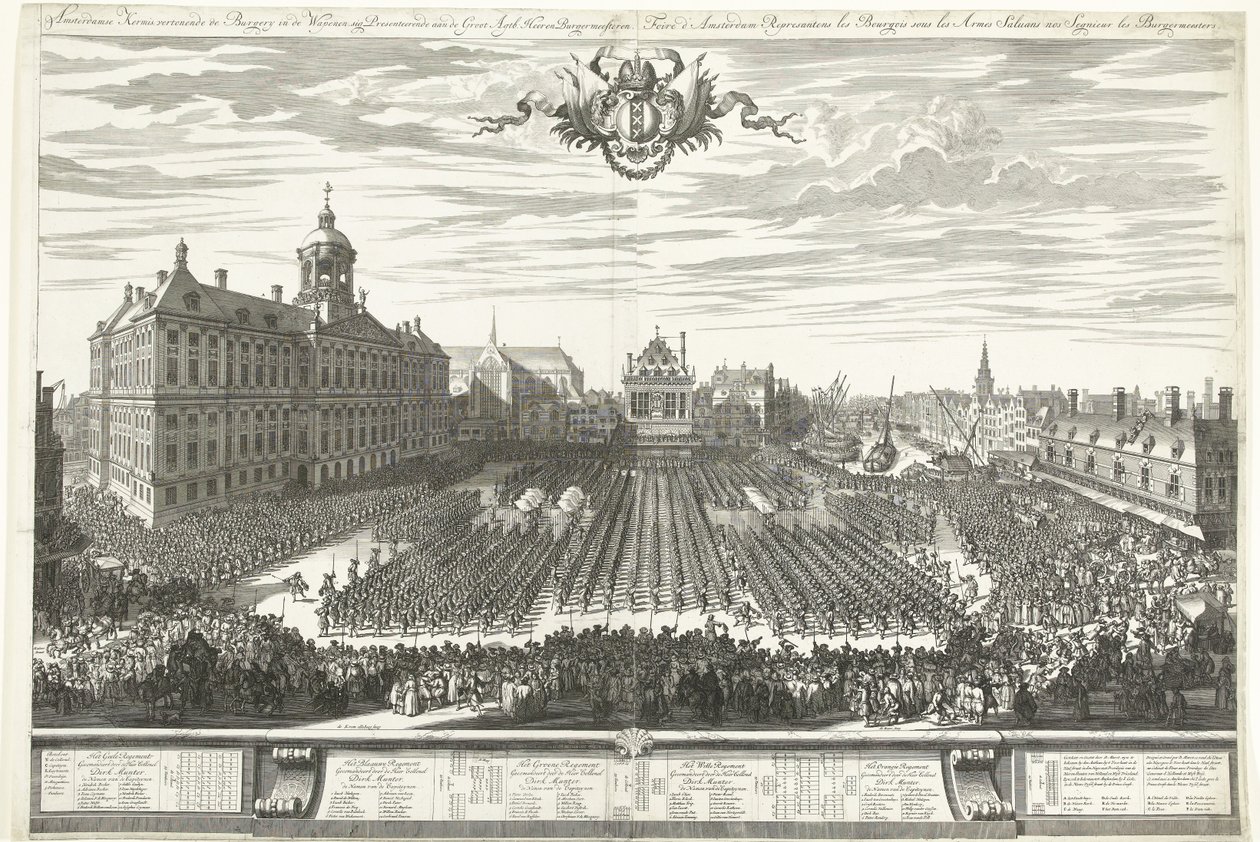 Lövészek a Dam téren az Amszterdami Vásár idején, 1686 Amszterdami Vásár bemutatja a Burgery in the Arms-t, sig Bemutató a Groot Agtb-nek: Heeren Burgermeesteren (cím a tárgyon) Foire d