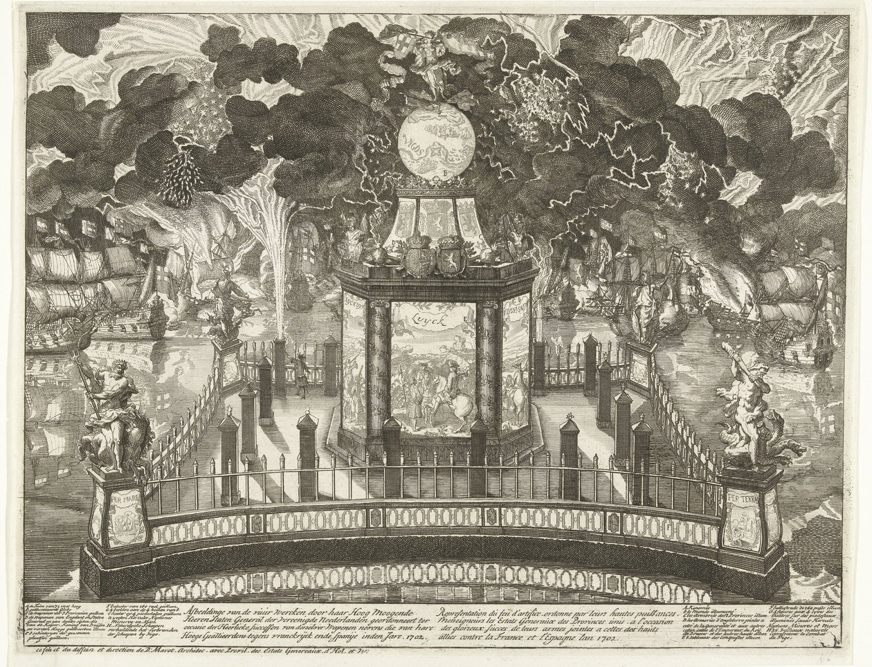 Tűzijáték a Hofvijveren az 1702-es vigói győzelem megünneplésére Her Hoog Moogde Heeren Staten General der Vereenigde Neederlanden tűzművek ábrázolásai, akiket a Heerlicke sikerei mellett más fegyverek használatára rendelt el. alkotó: Daniël Marot (I)