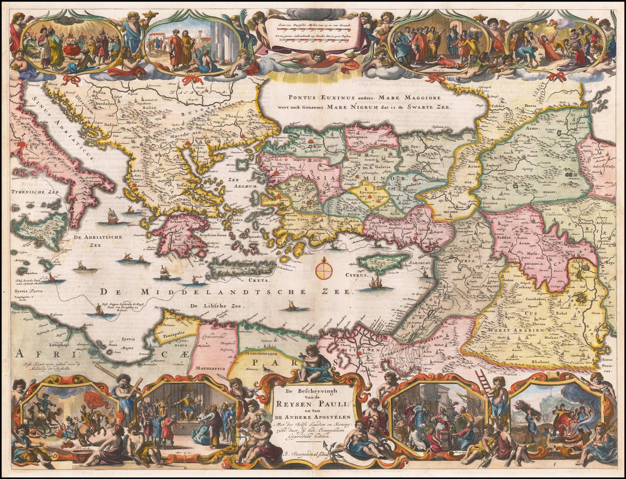 1695-ös holland térkép a Földközi-tenger keleti részéről, amely Szent Pál útjait ábrázolja. alkotó: Daniël Stopendaal