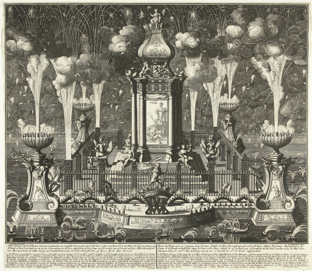 Tűzijáték az utrechti békeszerződés ünnepén, 1713 A színház képe szin-díszekkel és tűzijátékkal, amelyet rendelő van Haar Ed állított fel. Groot Mog: Hollandia Heeren államai és Nyugat-Vriesland (...) Hágában, a vyverben ( alkotó: Daniël Stopendaal