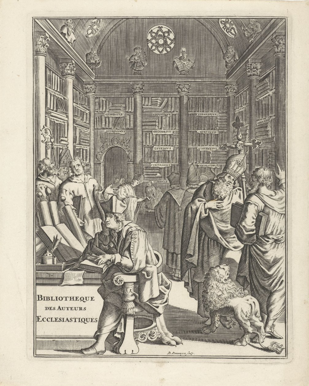 Könyvtárbelső klérussal Címlap ehhez: Bibliotheque des Authors Ecclesiastiques, évszám nélkül alkotó: Daniël met de Penningen