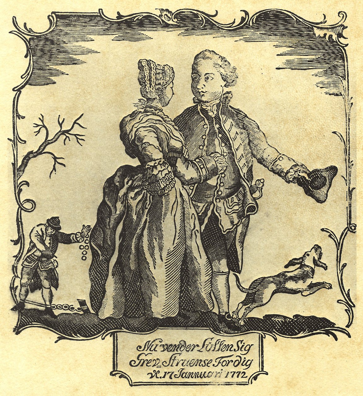 A szerencse hozzád fordul, Struensee gróf! 1772 (fametszet) alkotó: Danish School