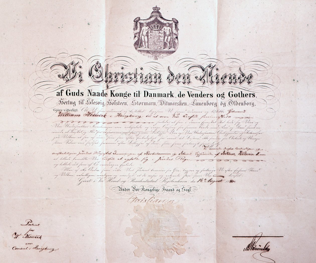 A dán IX. Christian által aláírt szabadalom, amely William Keswicket nevezi ki dán konzulnak Hongkongban, Kínában, 1880 alkotó: Danish School