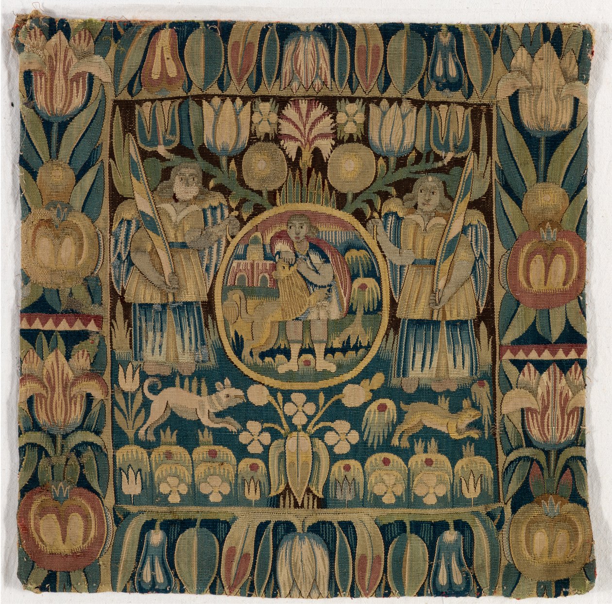 Sámson, aki megöli az oroszlánt, 1615 körül, dániai Schleswig-Holsteinben készült gobelin párnahuzat (gyapjú) alkotó: Danish School