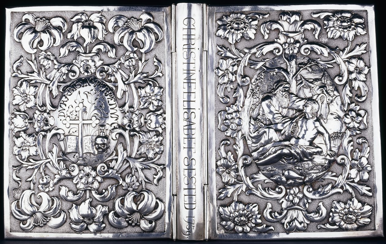 Felső és alsó könyvborító lombokkal és az irgalmas szamaritánus képével, 1740 alkotó: Danish School