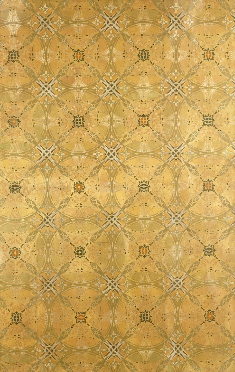 Mennyezeti panel, ismétlődő absztrakt lombos mintával olívazöld, okker, piros és sárga színekben, 1893 körül alkotó: Dankmar Adler