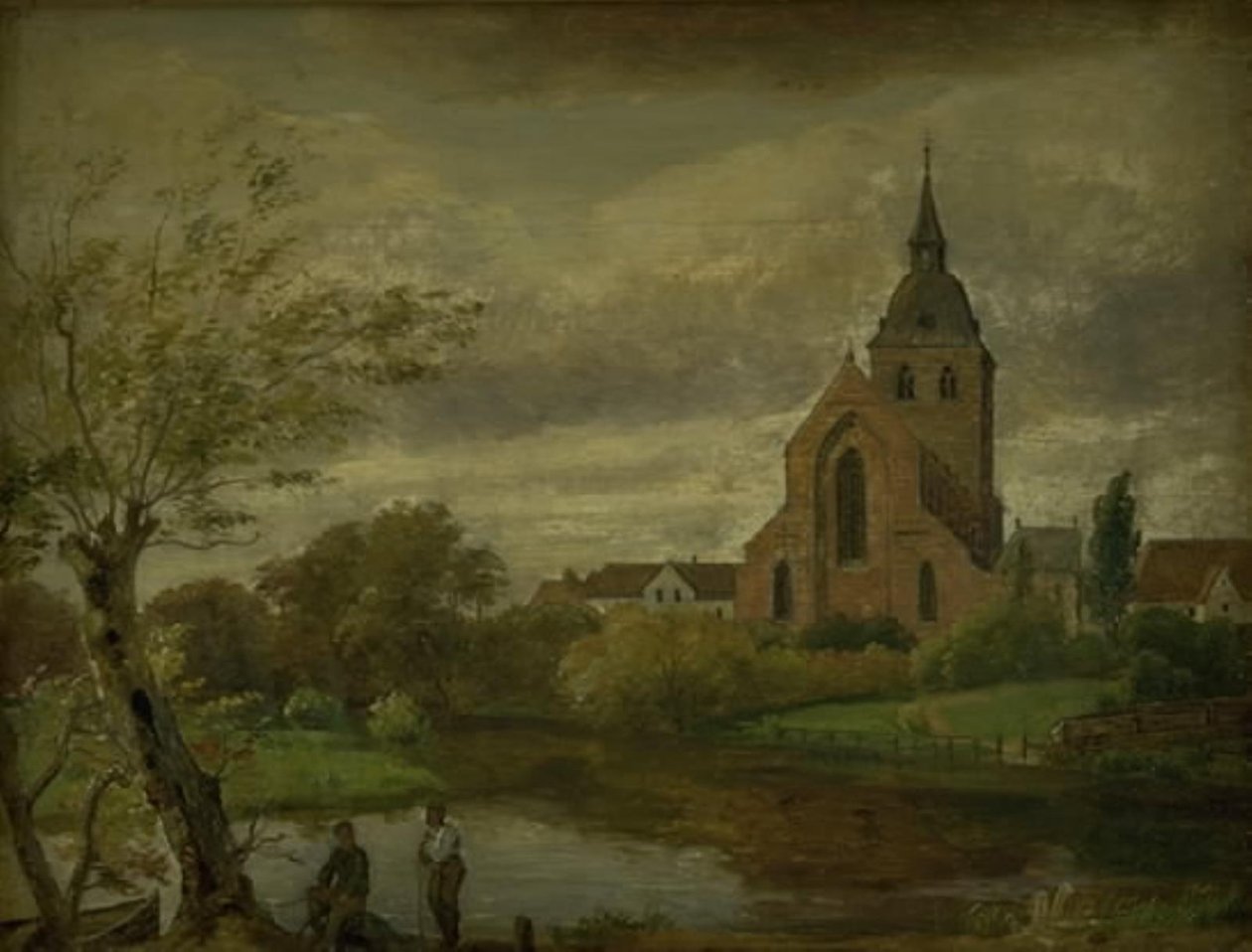 Szent Knud templom a folyó mellett Odense-ben. Ősz alkotó: Dankvart Dreyer