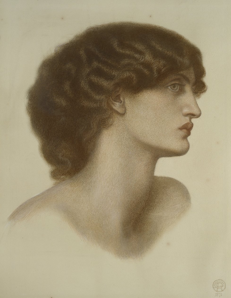 Perlascura, 1871 (piros és barna kréták fehérrel kiemelve, halványzöld papíron) alkotó: Dante Gabriel Charles Rossetti