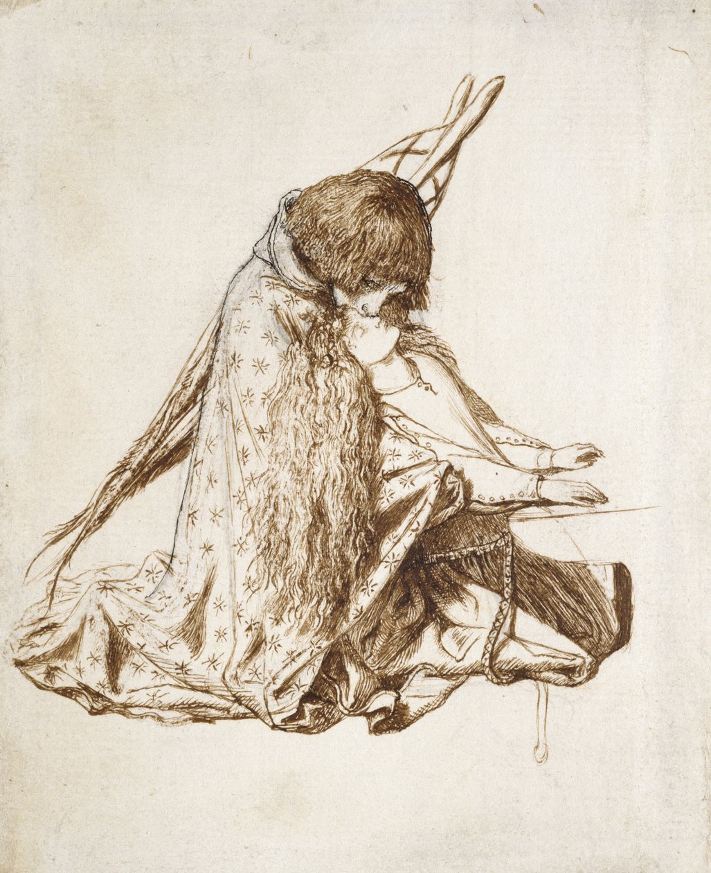 Szent Cecília (toll és barna tinta, elszíneződött fehér papírra) alkotó: Dante Gabriel Charles Rossetti