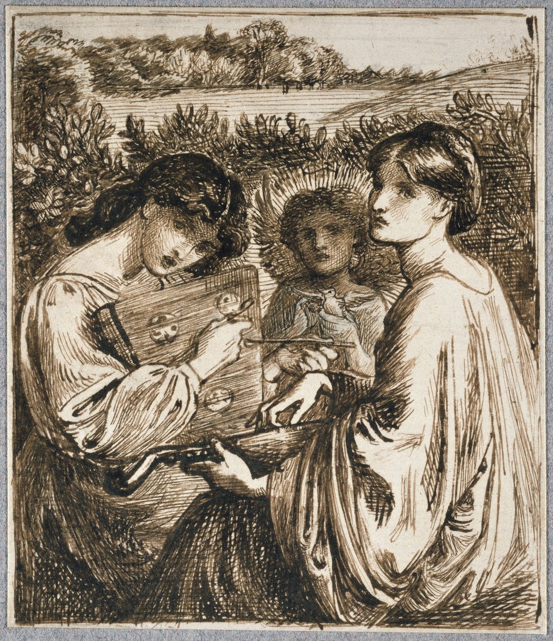 Tanulmány a „The Bower Meadow”-hoz, 19. század (toll és barna tinta papíron) alkotó: Dante Gabriel Charles Rossetti