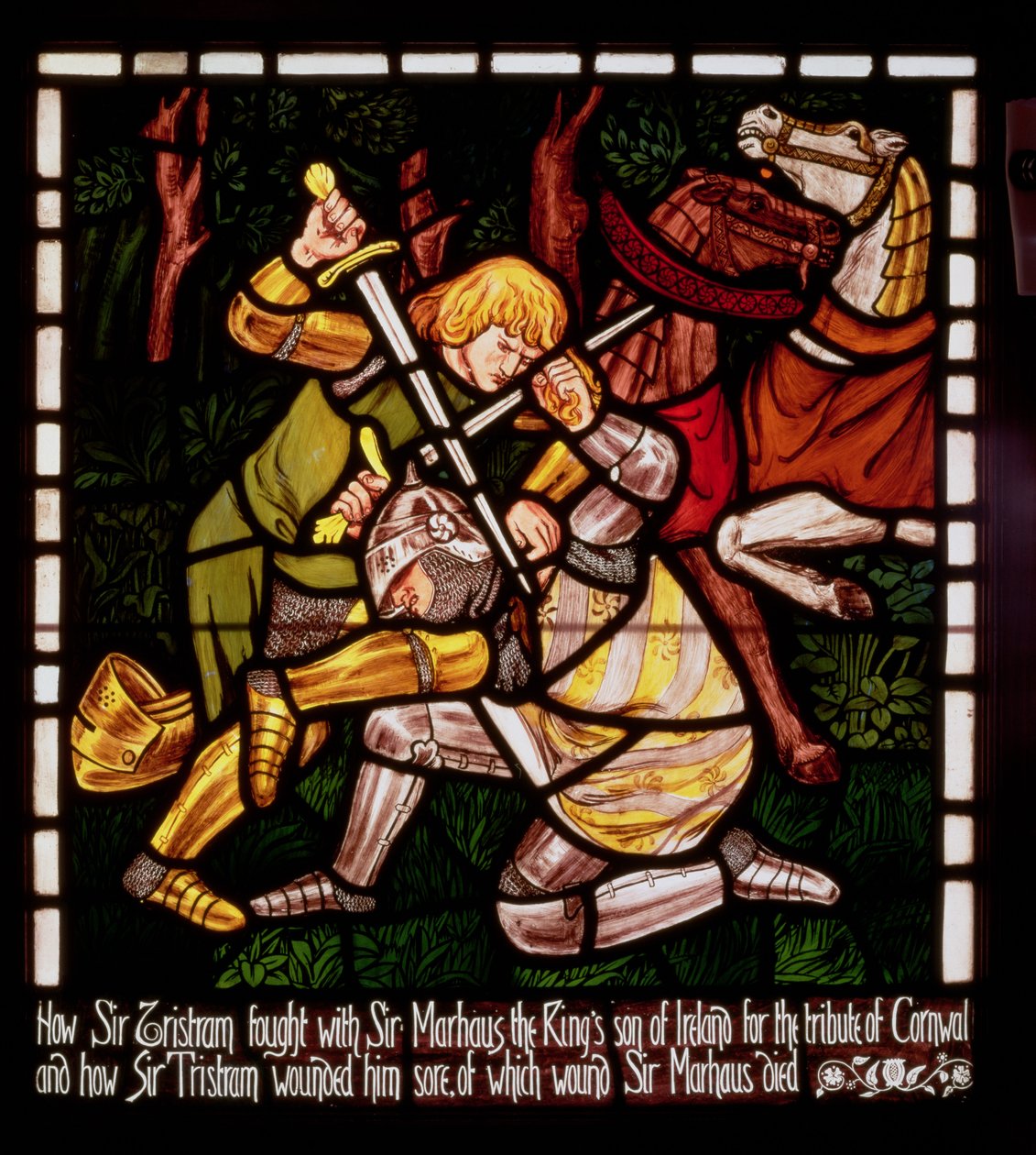 A harc Sir Marhalttal, a "Trisztán és Izolda történetéből", William Morris és Co. (ólomüveg) alkotó: Dante Gabriel Charles Rossetti