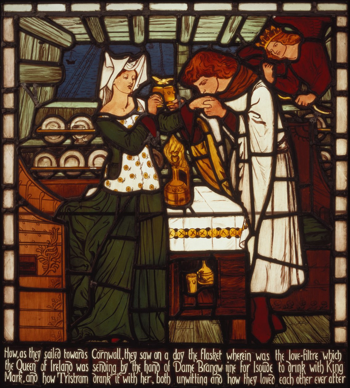 A szerelmi bájital, amelyet Szép Izoldának és Cornwall-i Márk királynak szántak, de Trisztán és Szép Izolda ivott belőle, a "The Story of Tristan and Isolde", William Morris und Co. (ólomüveg) alkotó: Dante Gabriel Charles Rossetti