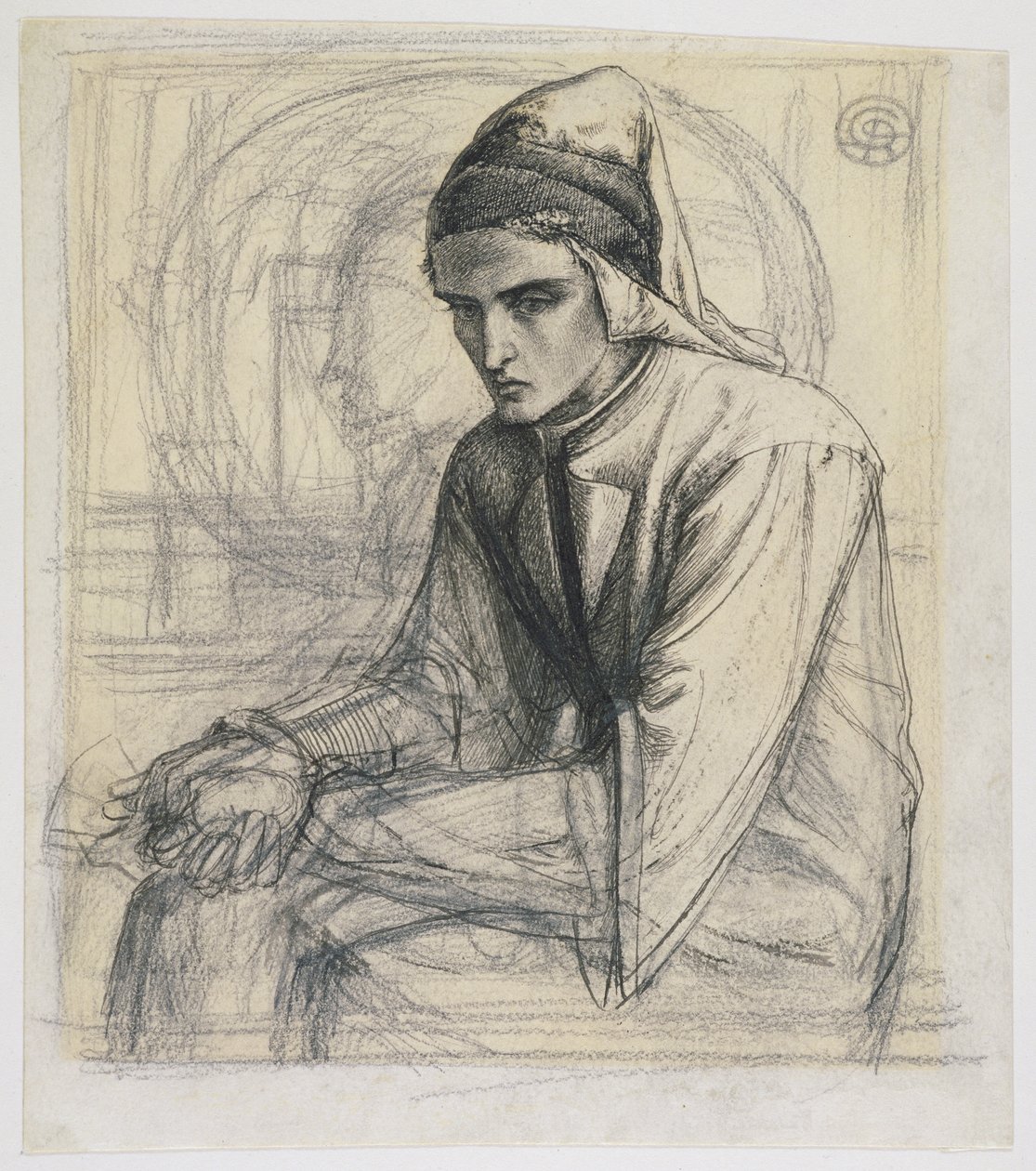 Dante meditációban, kezében egy gránátalmával, 1852 körül (toll, tinta és ceruza papíron) alkotó: Dante Gabriel Charles Rossetti