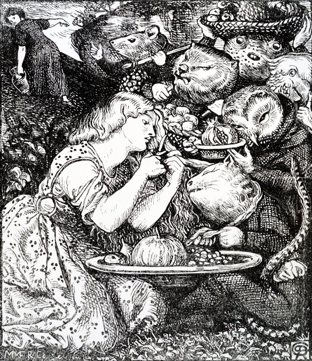 Frontispece Christina Rossetti „Goblin Market és más verseihez”, William Morris metszet, 1865 körül alkotó: Dante Gabriel Charles Rossetti