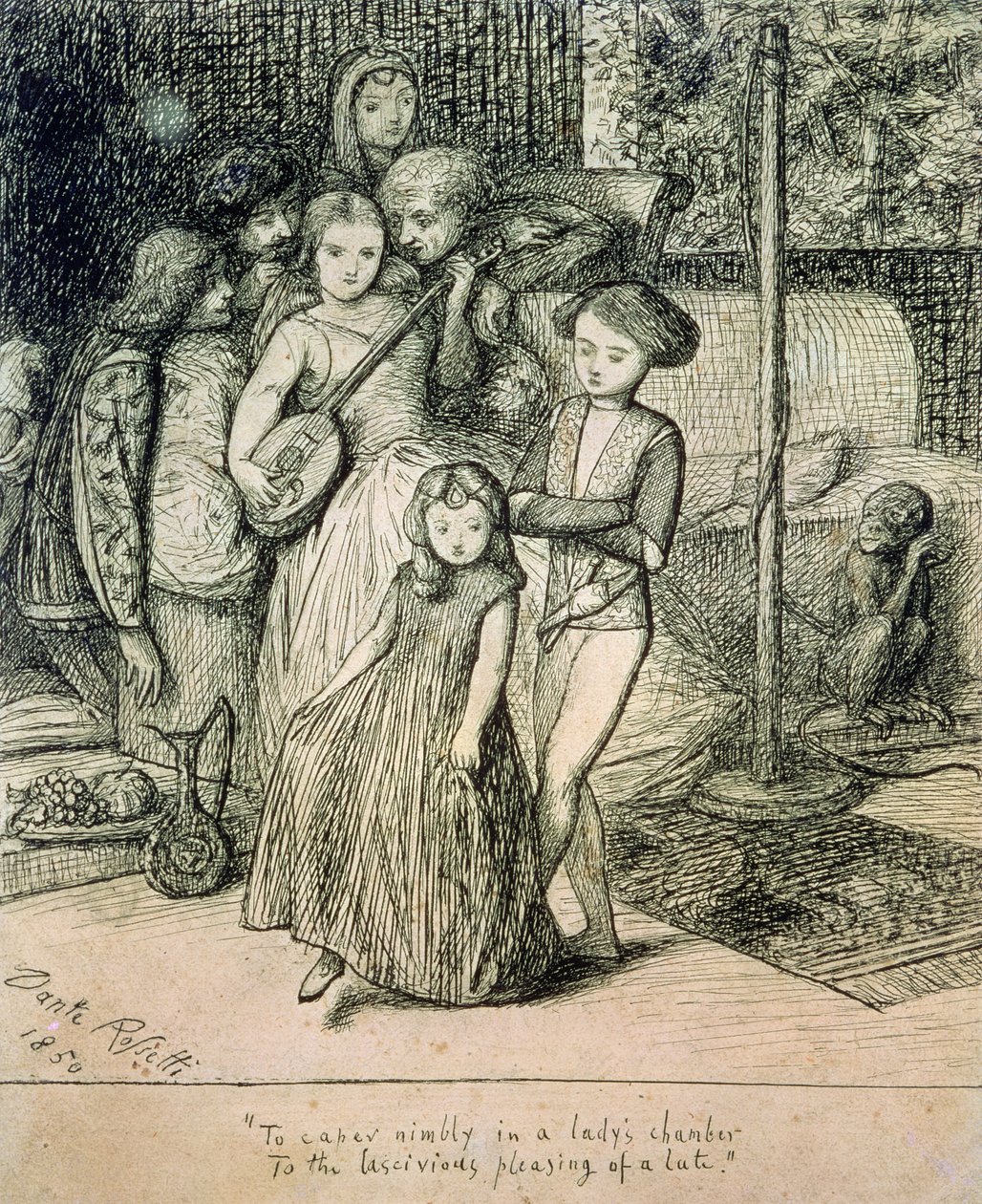 Fürge kapribogyóhoz a hölgykamrában a lant buja kedvére, 1850 (toll és tinta papíron) alkotó: Dante Gabriel Charles Rossetti