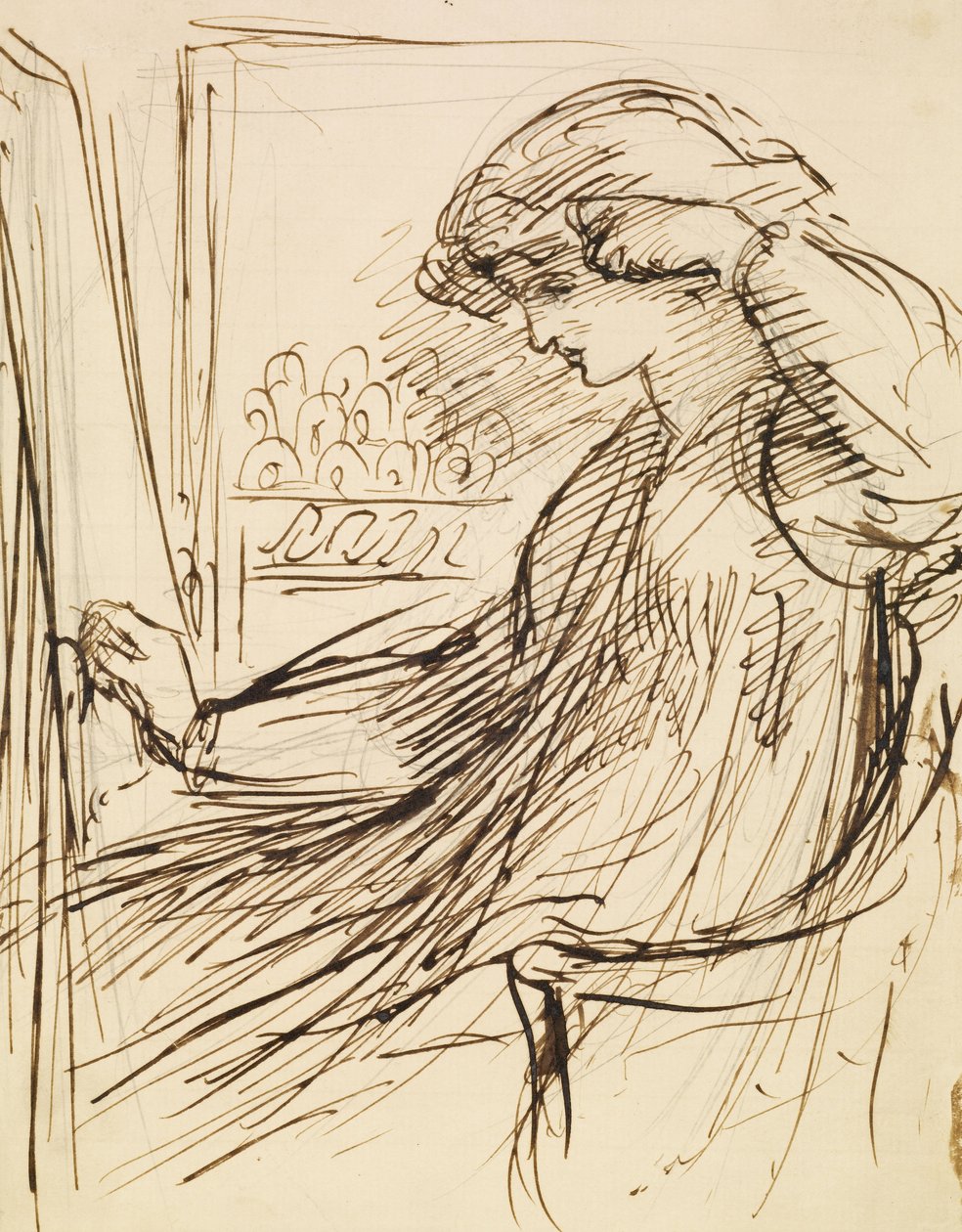 Nő a hímzőkeretnél vagy a festőállványnál ül alkotó: Dante Gabriel Charles Rossetti