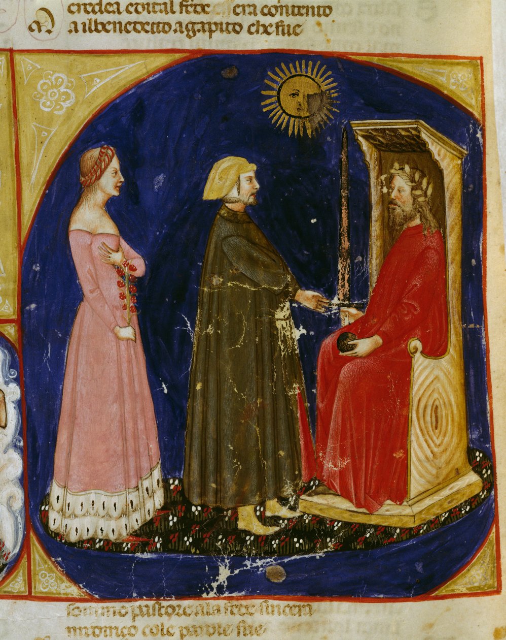 Dante és Beatrice találkozása Justinianussal, jelenet a Paradicsomból, VI. ének, Dante Alighieri (1265-1321) Isteni színjátékából, Veneto miniatűr, Olaszország alkotó: Dante Alighieri