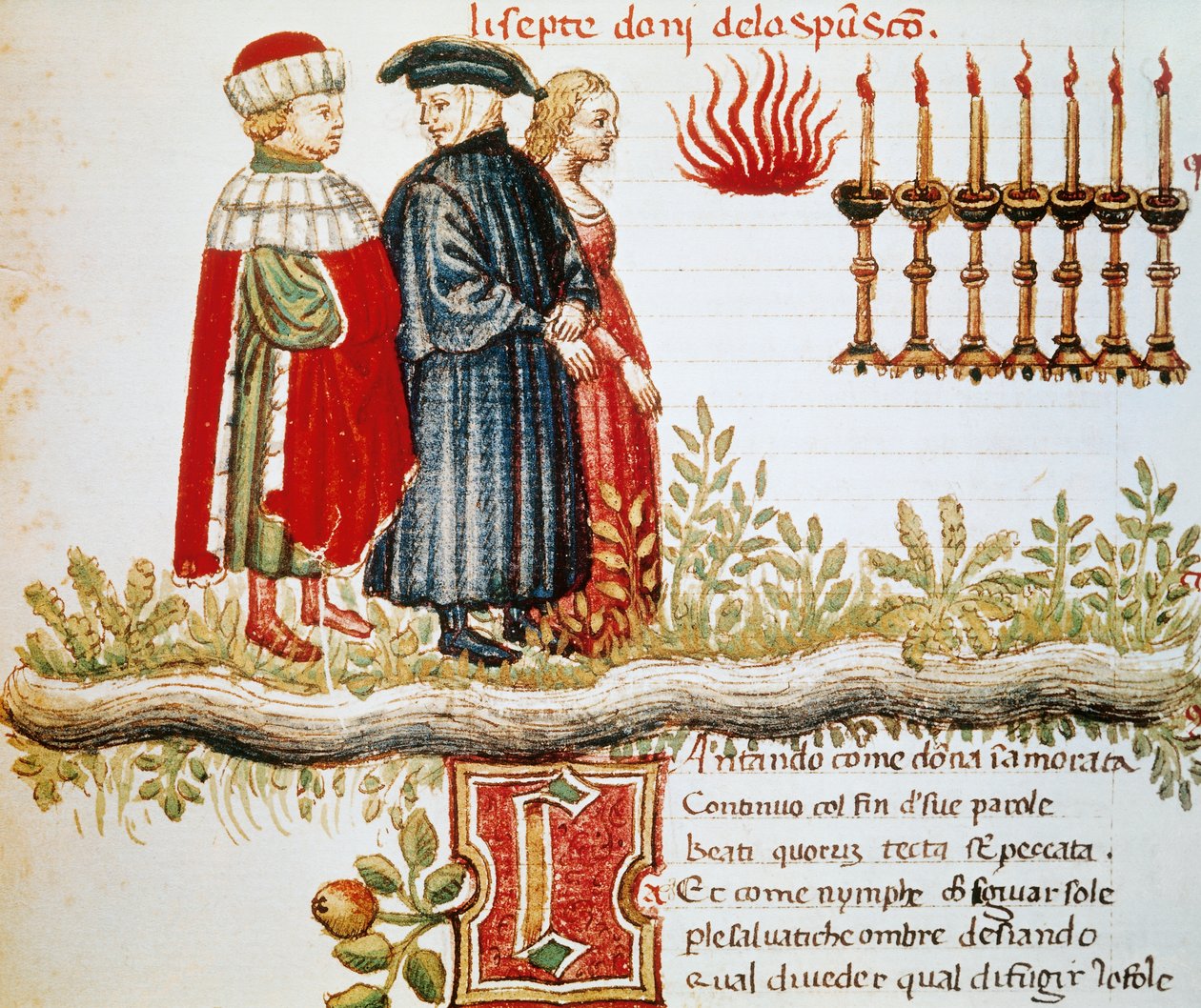 Vergilius, Dante és Matelda, Purgatórium, XXIX. ének, megvilágított oldal az Isteni színjátékból, Dante Alighieri (1265-1321) alkotó: Dante Alighieri