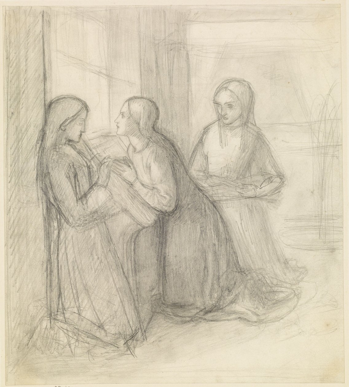 (Valószínűleg) Magyar Szent Erzsébet térdelve társaival, Isentrudisszal és Gútával. alkotó: Dante Gabriel Charles Rossetti