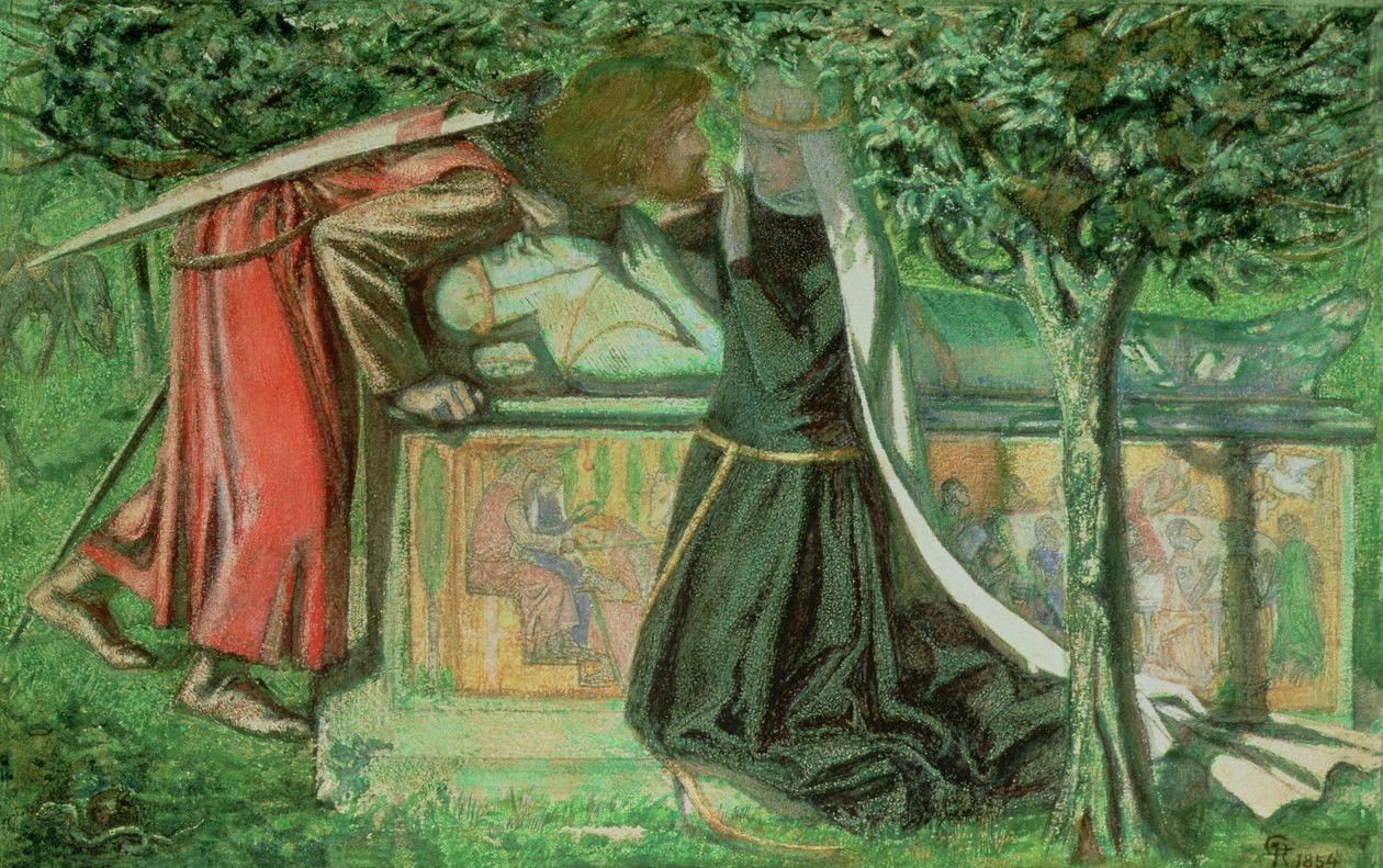 Arthur sírja: Sir Launcelot elválás Guenevere-ből, 1854 (ceruza, toll, tinta és WC papíron) alkotó: Dante Gabriel Charles Rossetti