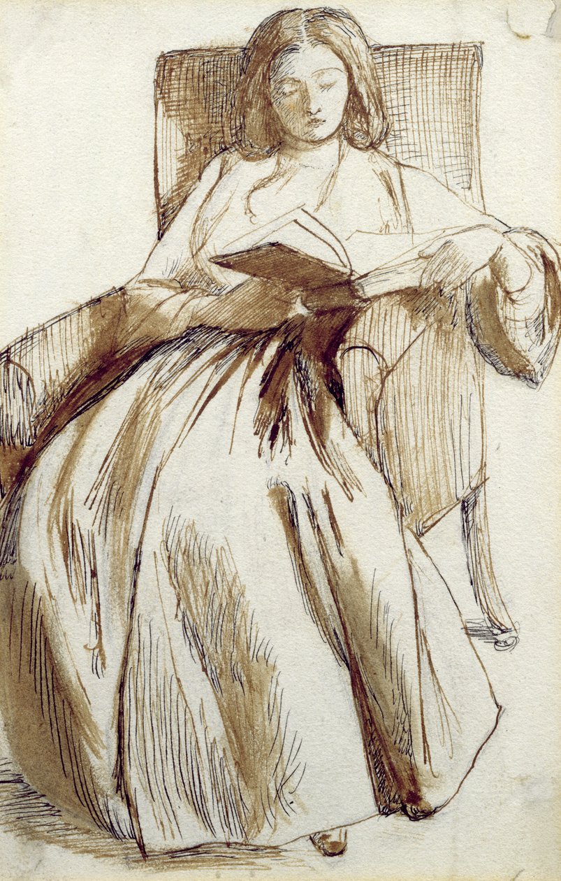 Elizabeth Siddal könyvet olvas (toll, tinta és mosás) alkotó: Dante Gabriel Charles Rossetti