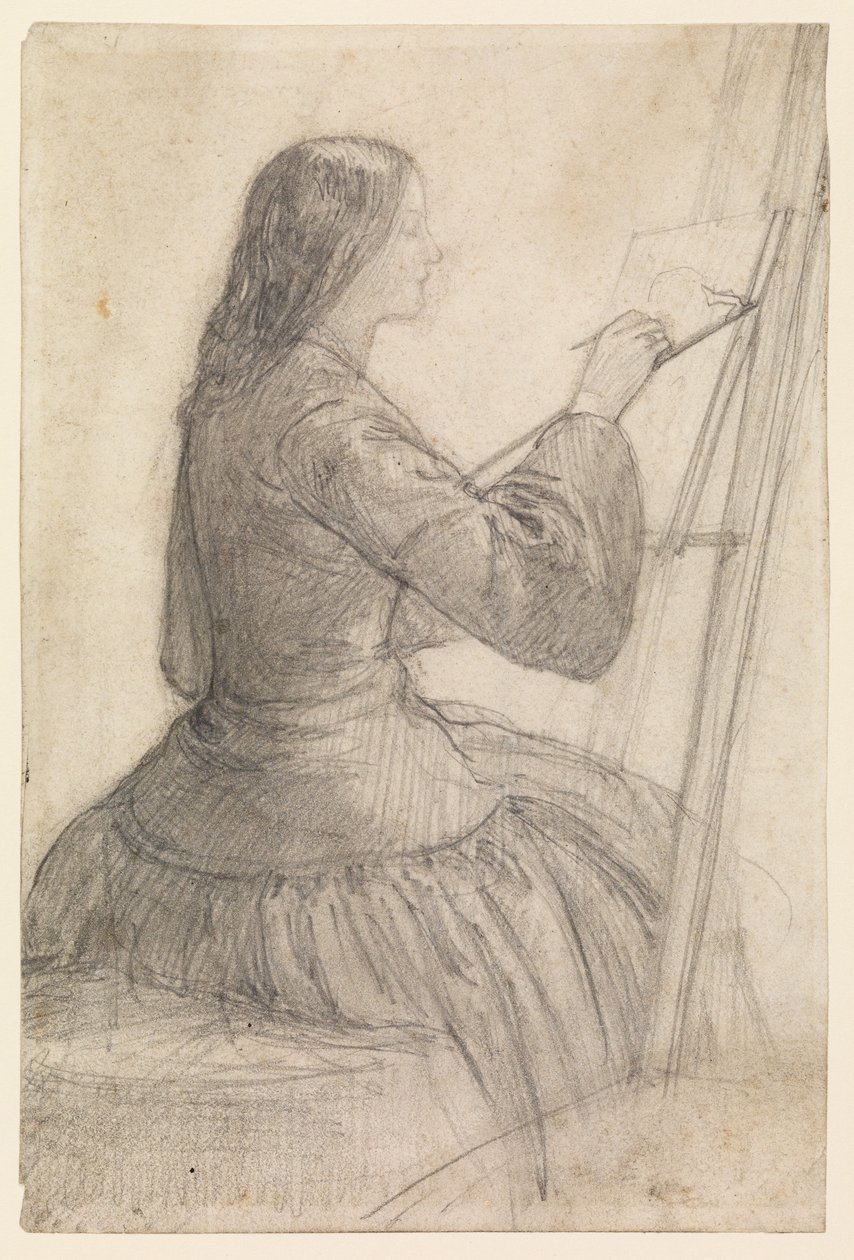 Erzsébet Siddal festőállványnál ül, festmény, 1854-55 körül alkotó: Dante Gabriel Charles Rossetti