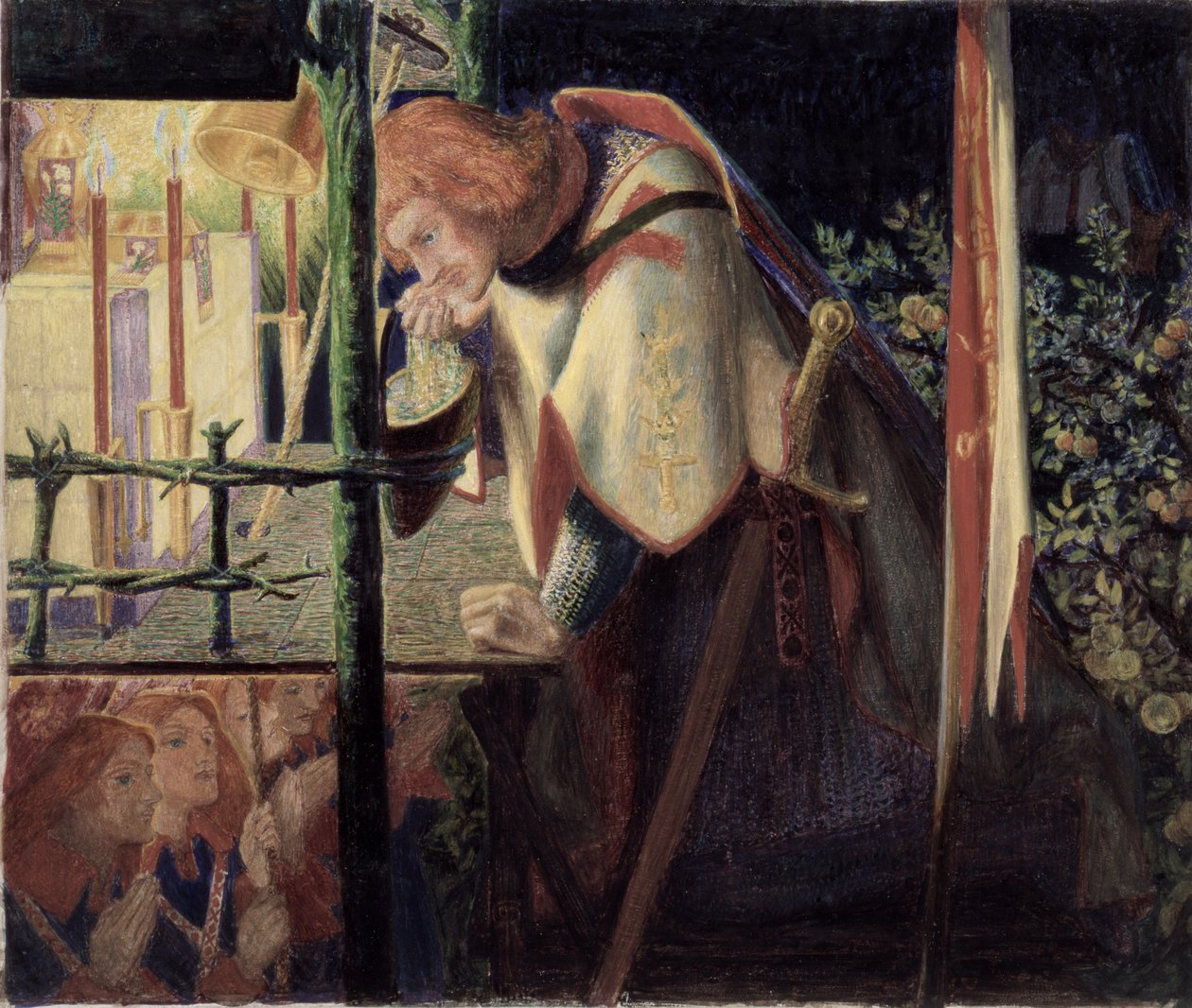 Sir Galahad a romkápolnában, 1859 alkotó: Dante Gabriel Charles Rossetti