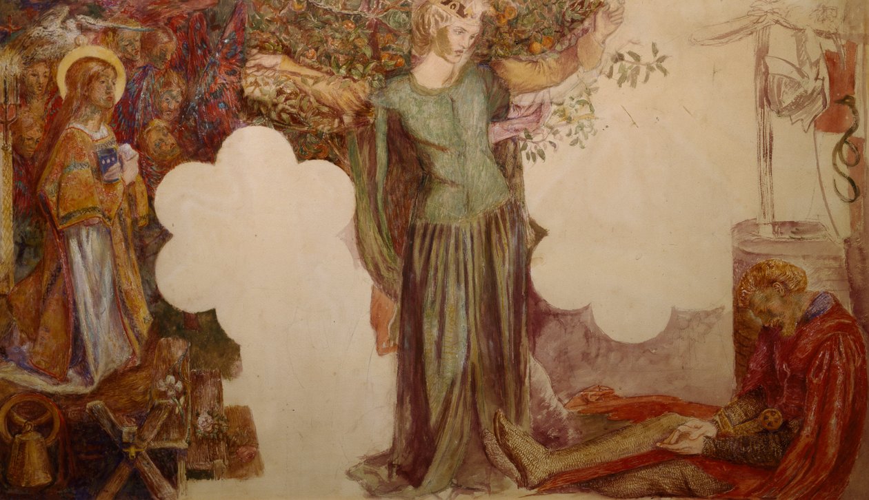 Sir Lancelot bűne miatt megakadályozta, hogy belépjen a Szent Grál-kápolnába alkotó: Dante Gabriel Charles Rossetti