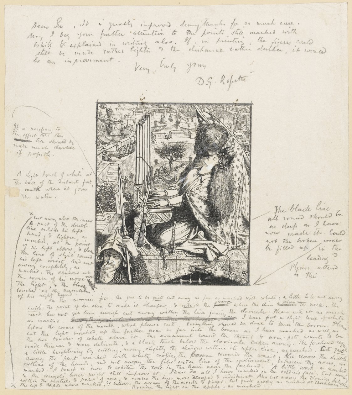 St Cecilia The Moxon Tennyson, 1857 körül (fametszet és ceruza papíron) alkotó: Dante Gabriel Charles Rossetti
