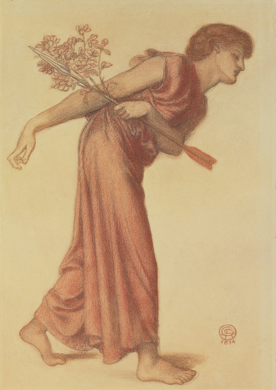 Tanulmány a szerelem alakjához Dante álmában Beatrice halálakor, 1874 (fekete-piros zsírkréta zöld papíron) alkotó: Dante Gabriel Charles Rossetti