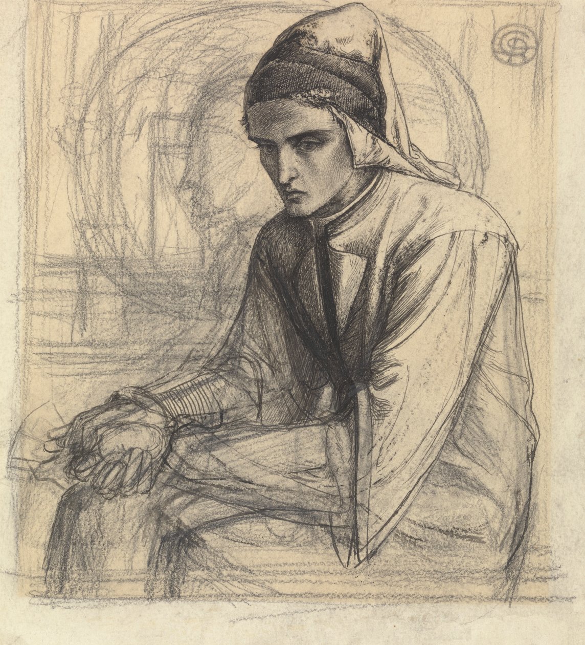 Dante a meditációban, kezében egy gránátalmával alkotó: Dante Gabriel Rossetti