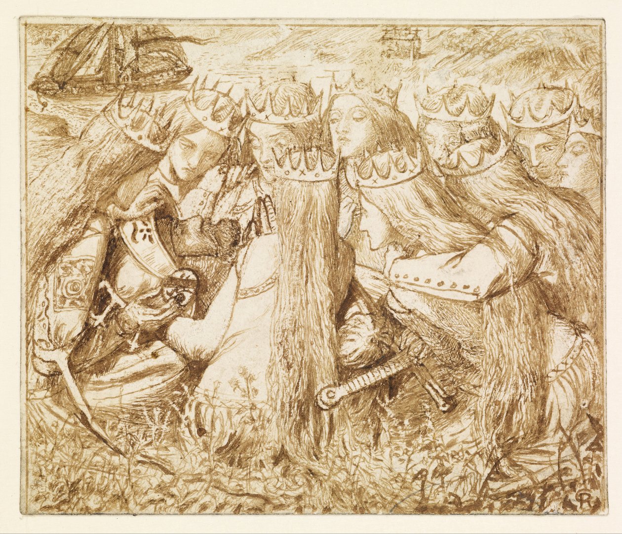 Moxon Tennyson-adaptációjának terve – Artúr király és a síró királynők alkotó: Dante Gabriel Rossetti