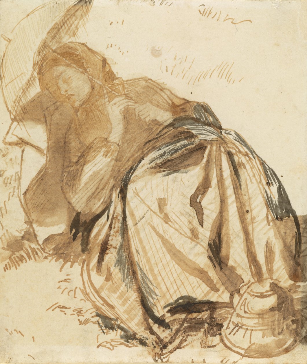 Elizabeth Siddal pihenő, napernyőt tartó portréja alkotó: Dante Gabriel Rossetti