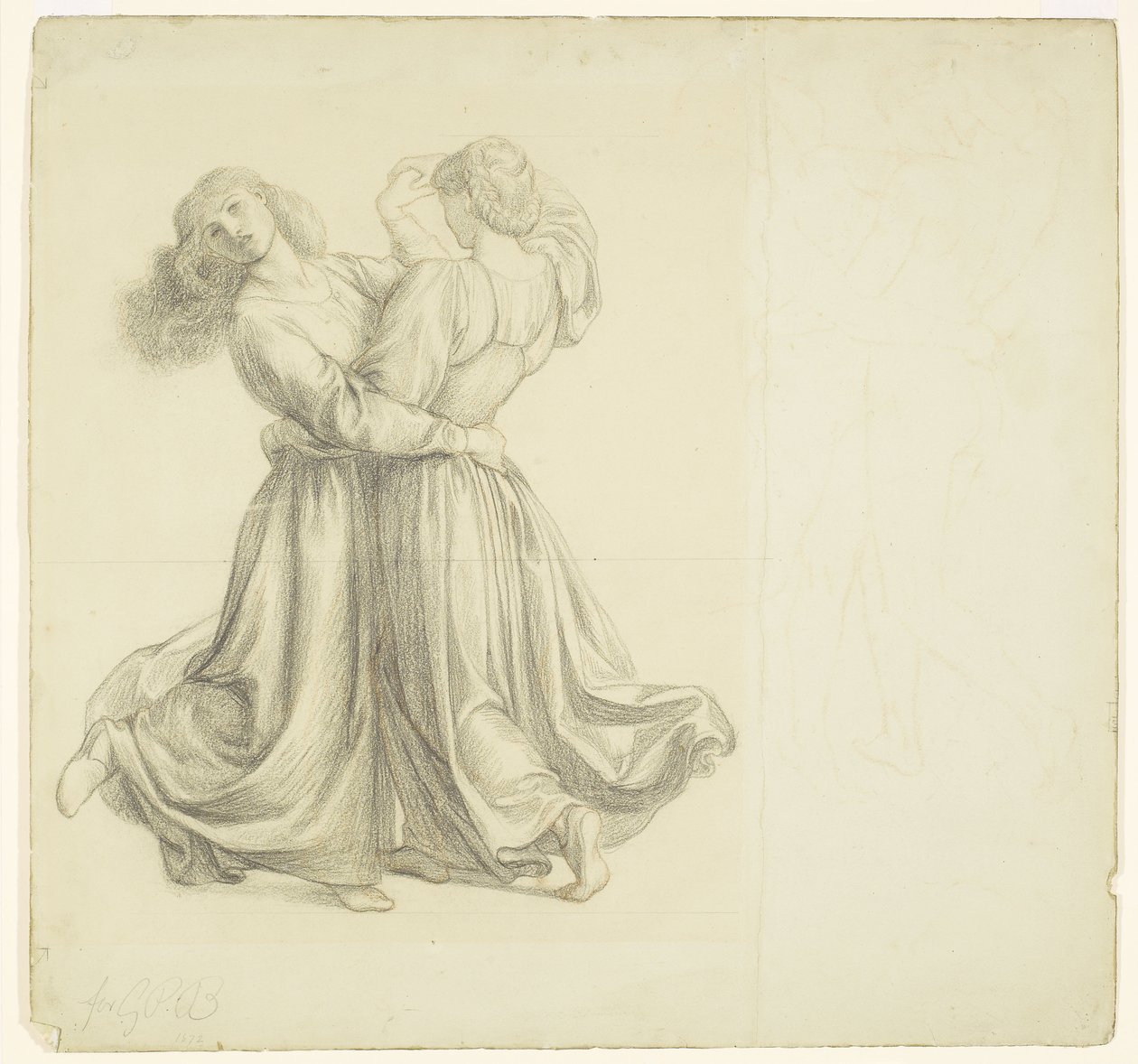 The Bower Meadow - Drapériatanulmány a két lány táncához alkotó: Dante Gabriel Rossetti