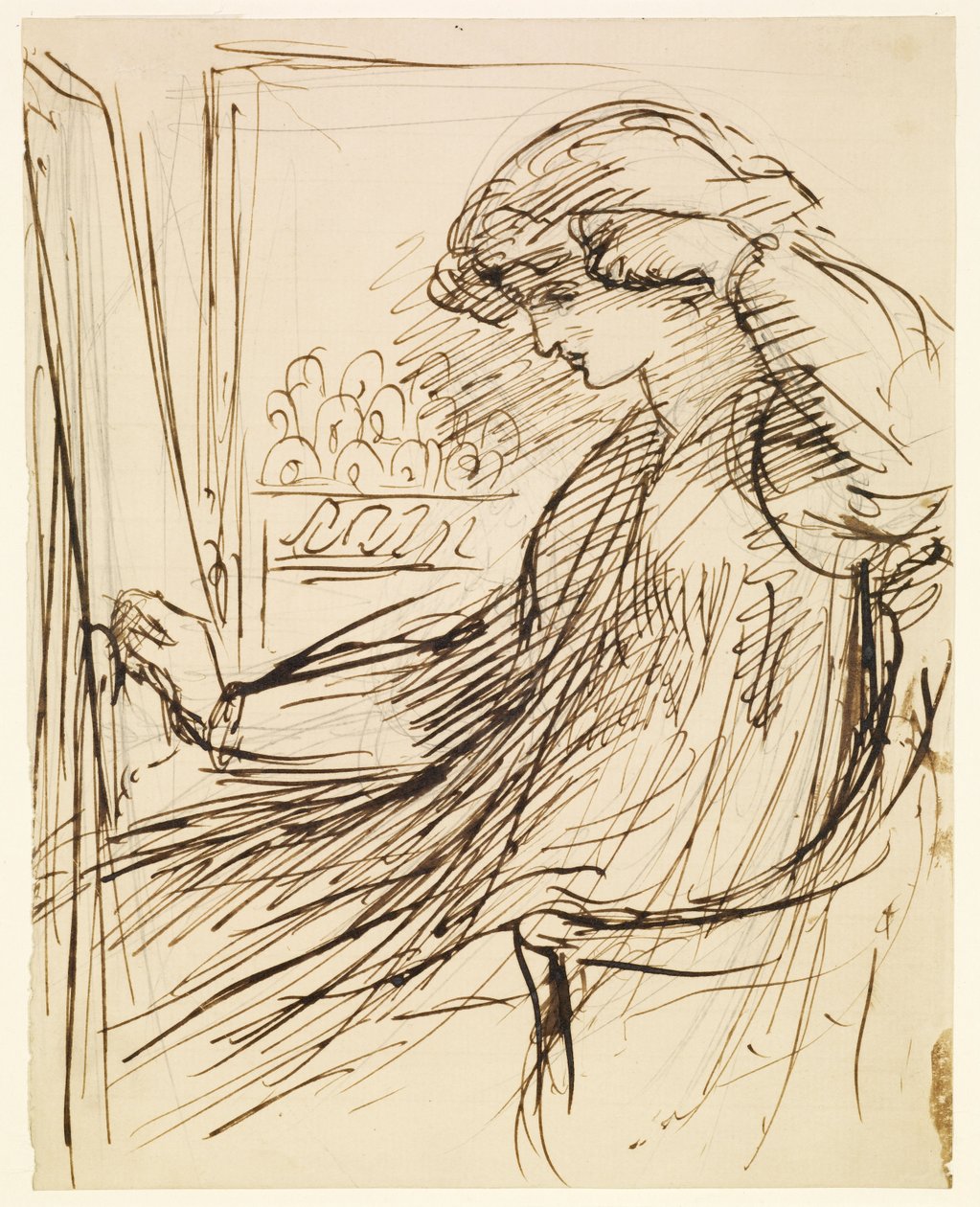 Nő ül egy hímzőkeret vagy állvány mellett alkotó: Dante Gabriel Rossetti