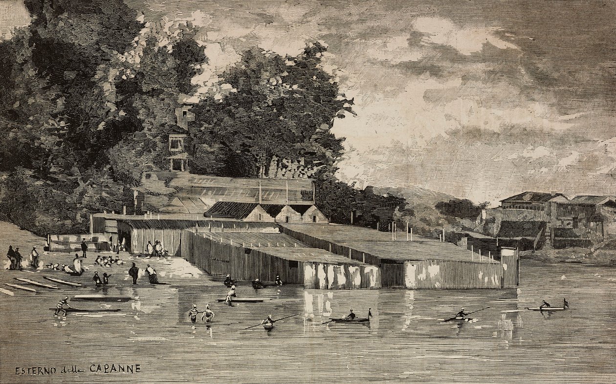 Fürdőtelep, Tiber nyilvános fürdői Rómában, Olaszországban, metszet Dante Paolocci rajzából, L