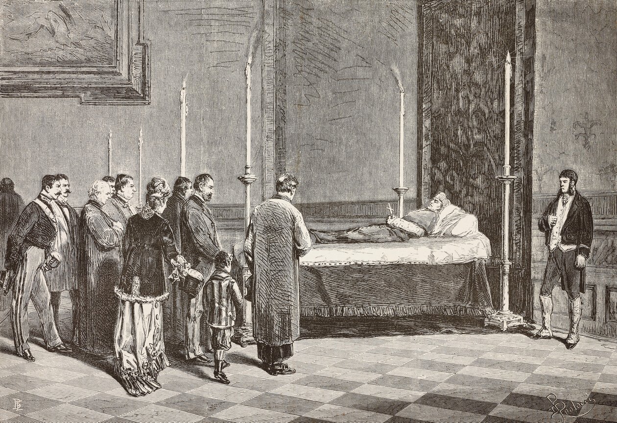 Giacomo Antonelli bíboros holtteste a Vatikán egyik szobájában fekszik, Dante Paolocci rajzából készült metszet a L