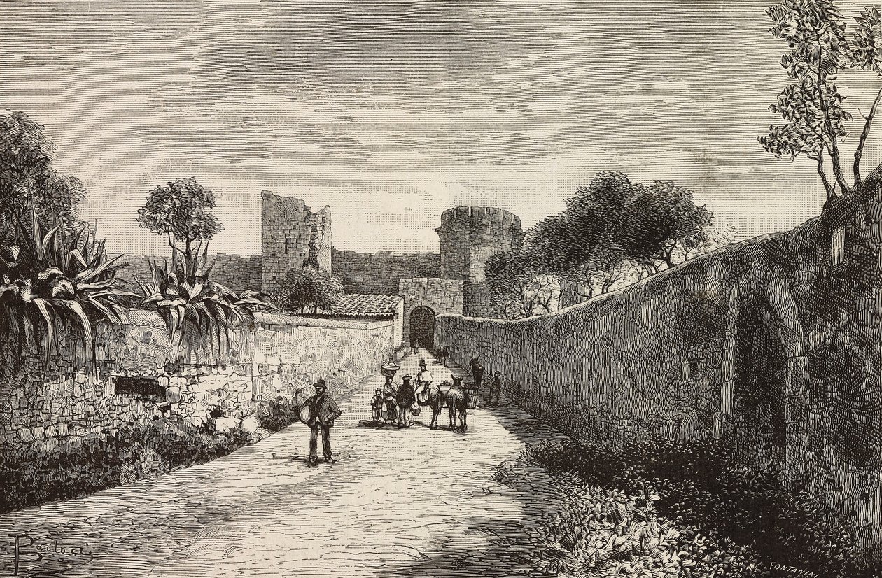 Castello kapu, Corneto Tarquinia, Olaszország, metszet Dante Paolocci rajzából, L