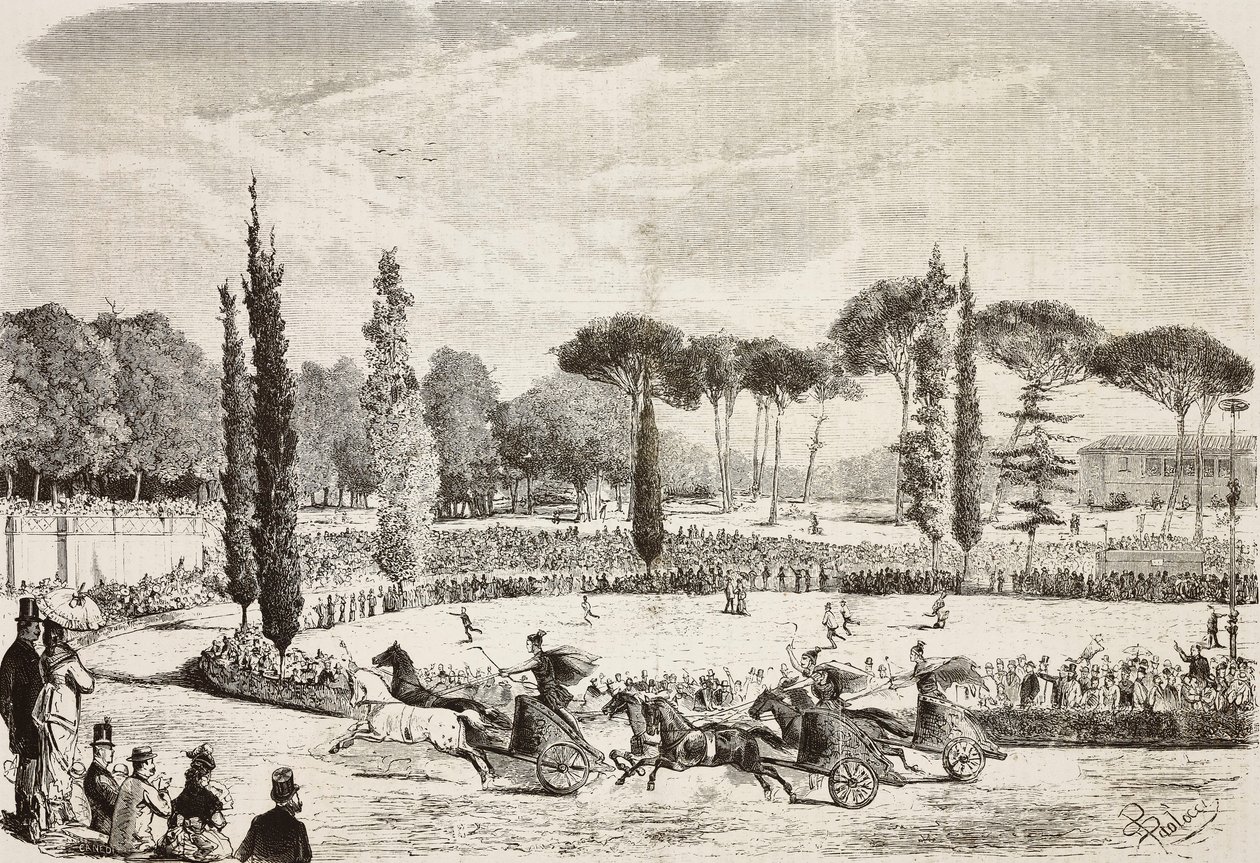 Szekérversenyek Villa Borghese-ben, Róma, Olaszország, metszet Dante Paolocci rajzából a L