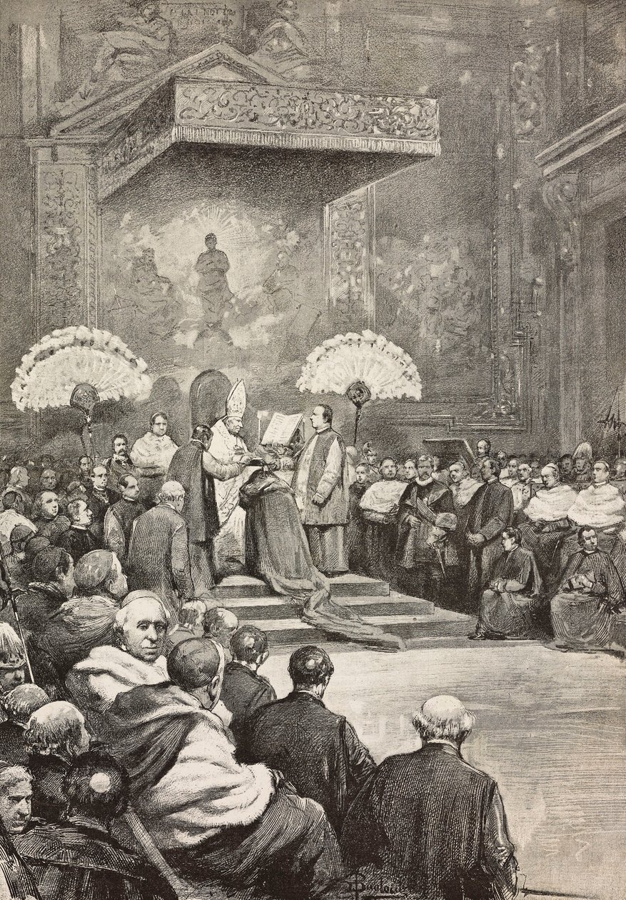 Konzisztórium november 13-án XIII. Leó pápa, ahol új bíborosokat hozott létre, Vatikán, metszet Dante Paolocci rajzából, a L