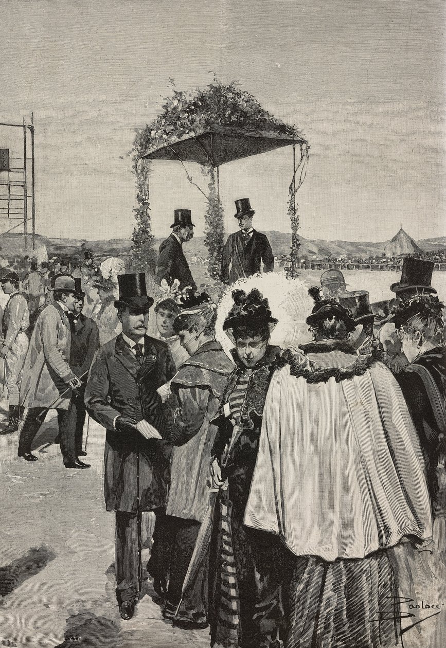 Count of Turin Vittorio Emanuele of Savoy-Aosta at Tor di Quinto races, Rome, Italy, engraving after drawing by Dante Paolocci, from L