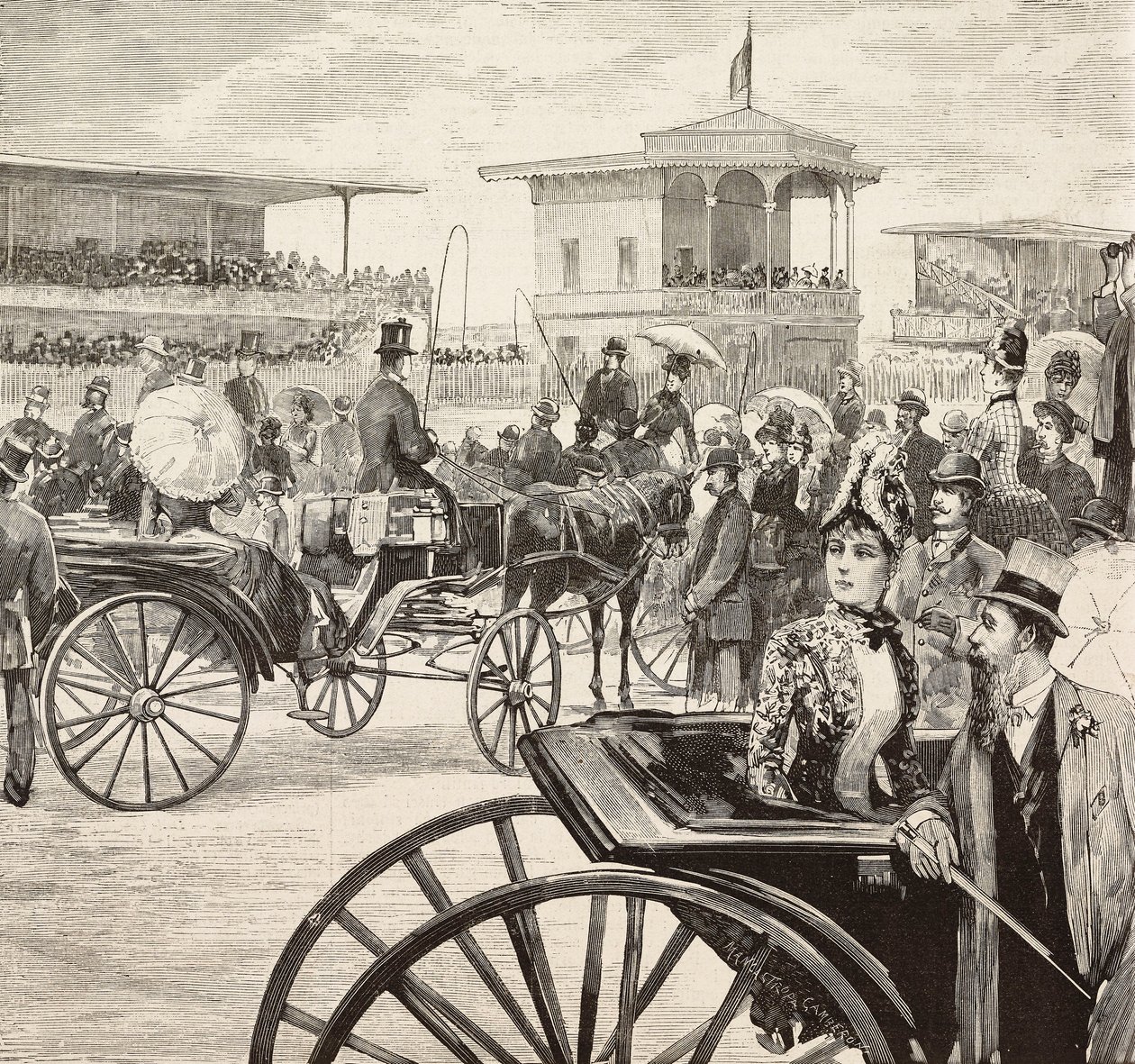 Elegant men and women attending a horse race at the racetrack, Rome, Italy, engraving from a drawing by Dante Paolocci, from L
