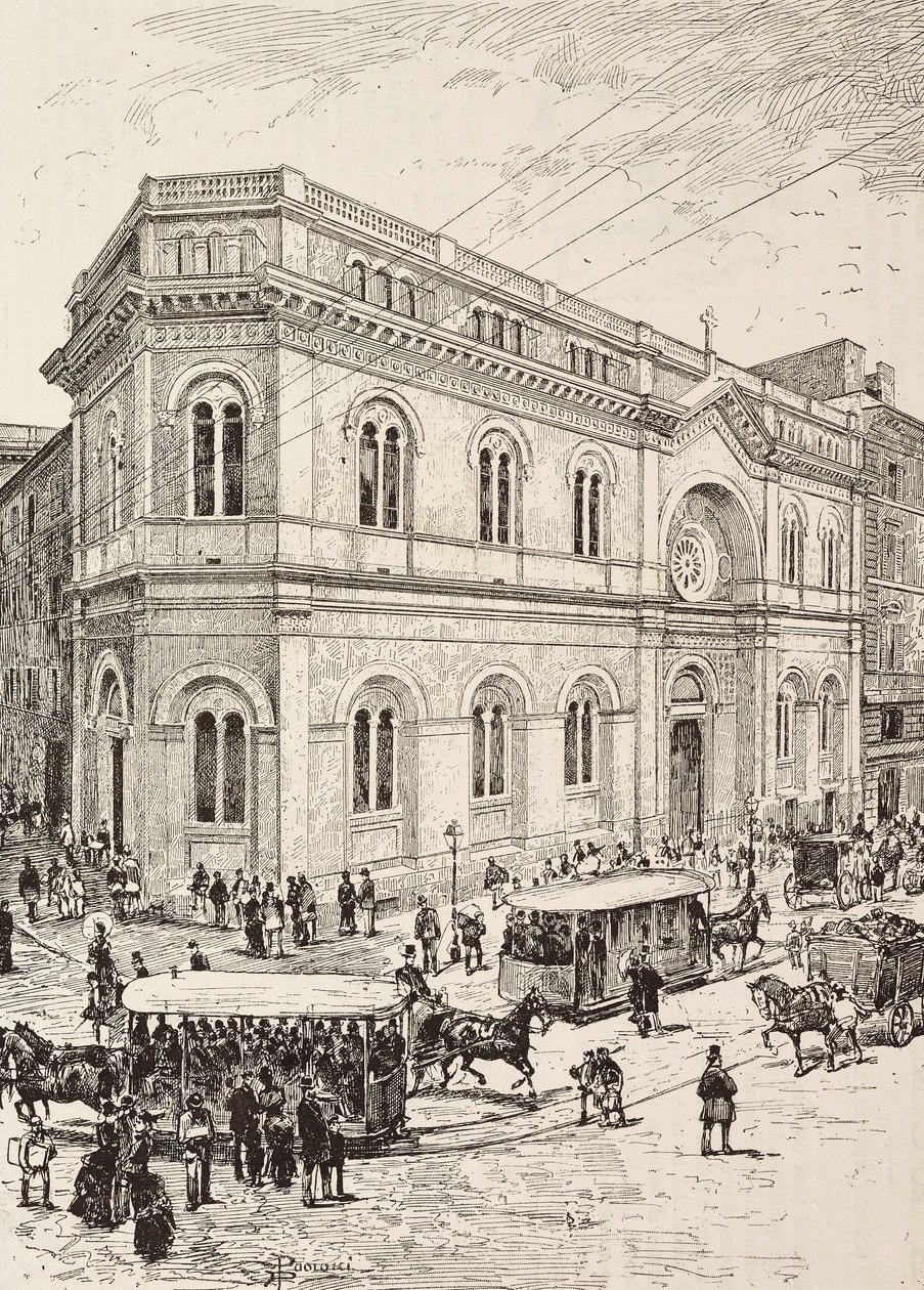 Evangélikus templom a Via Nazionale-n, Róma, Olaszország, metszet Dante Paolocci rajzából, L
