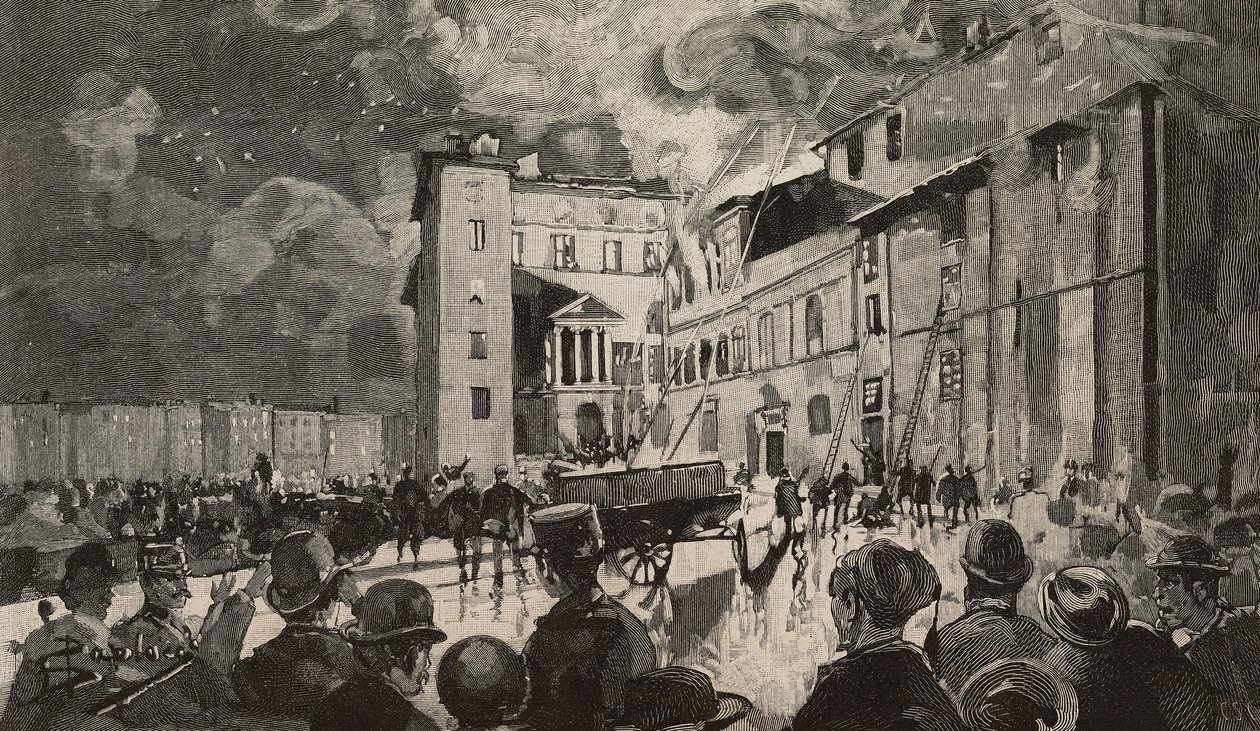 1893-as izraeli iskolák tüze, Róma, Olaszország, metszet Dante Paolocci rajza nyomán, a L